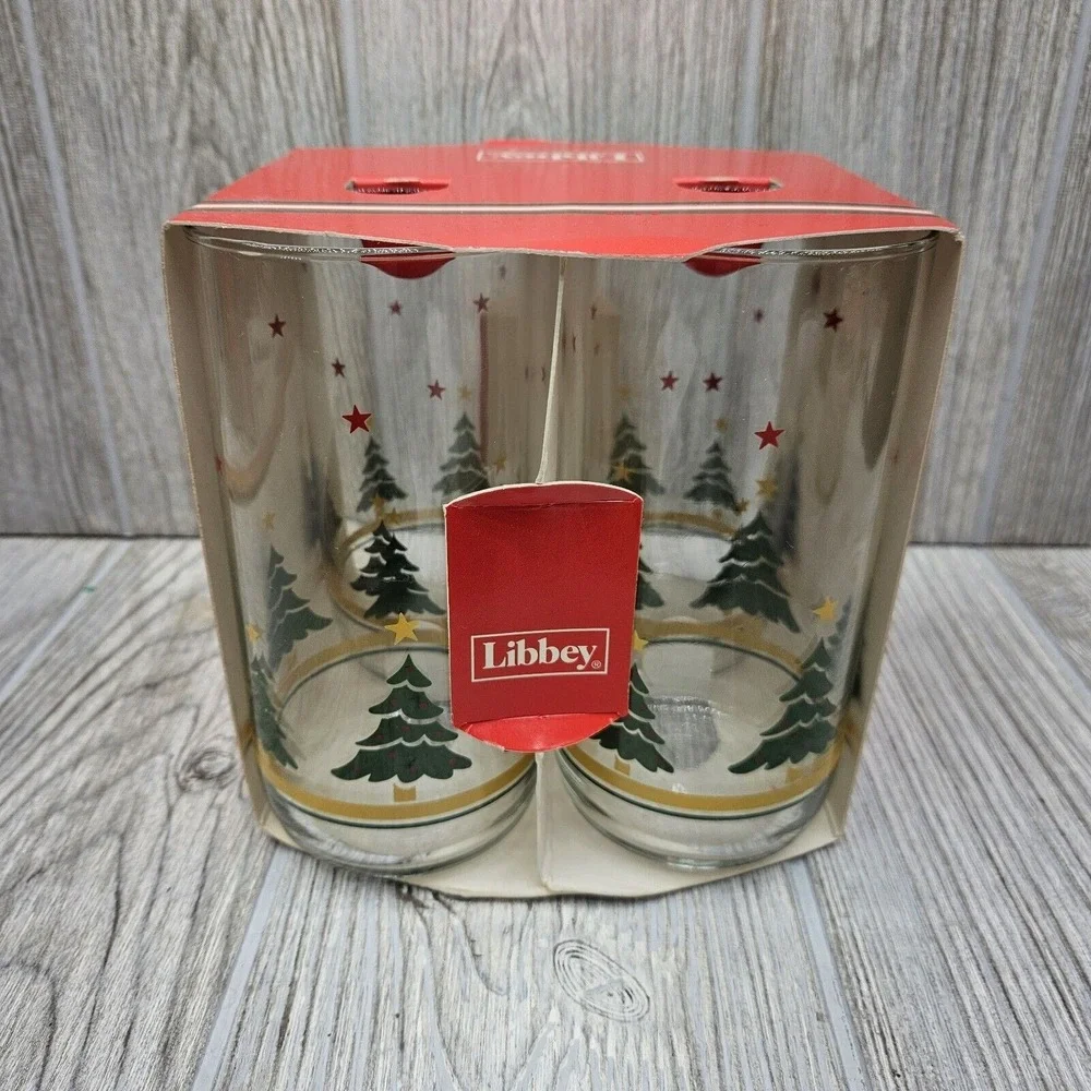 4pc Libbey Holiday Christmas Woods Tree Star Glasses Tumblers Tall‎ USA NOS